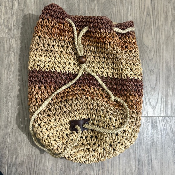 Vtg Straw Wicker Crochet Drawstring Backpack Ombré Stripe Boho Hippie Peasant - Picture 1 of 9